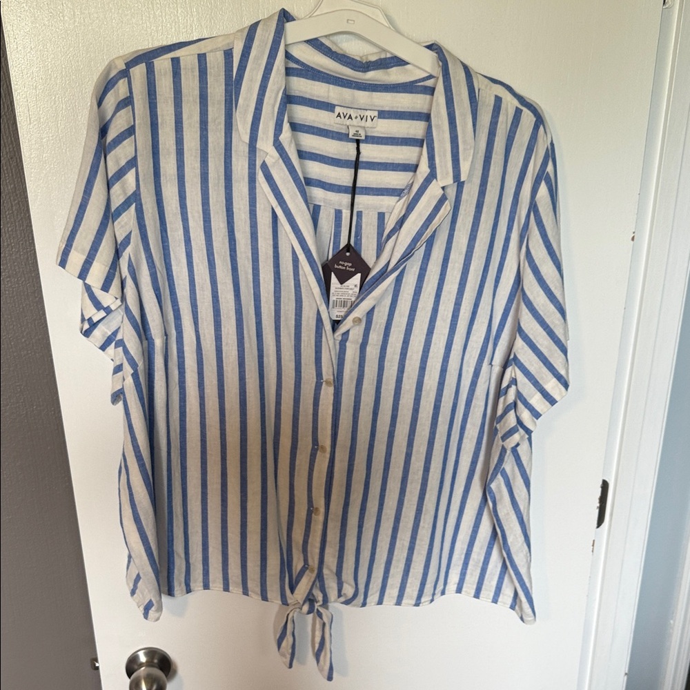 Ava & Viv Blue and White Striped Button Down Shirt